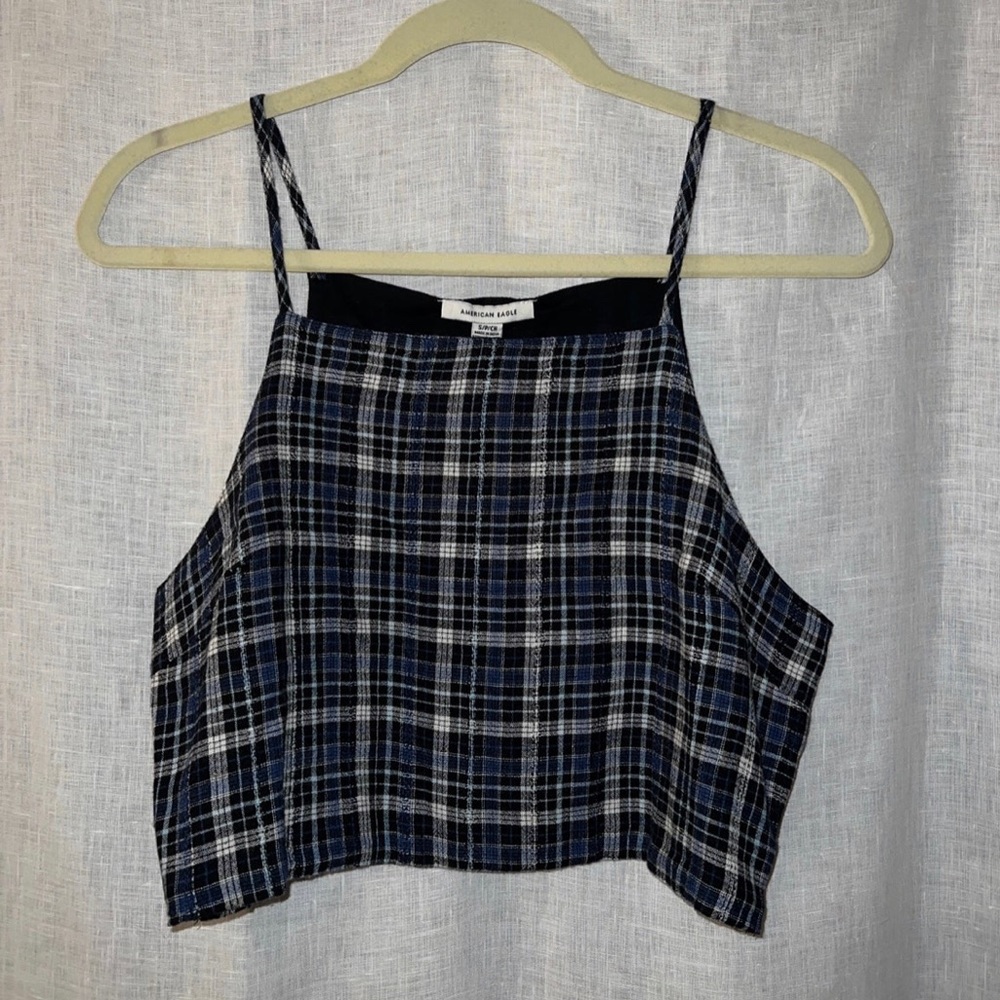 American Eagle - Navy and Black Plaid Crop Top with Side Zipper | S